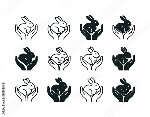 Rabbit Cuddle Logos. Cuddling with a pet rabbit. Icon set. Set Logo of Cuddling with a pet rabbit: hands holding bunny. harmonious logo variations of the same