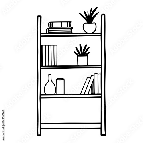 Cozy Shelf with Books and Plants Coloring Page