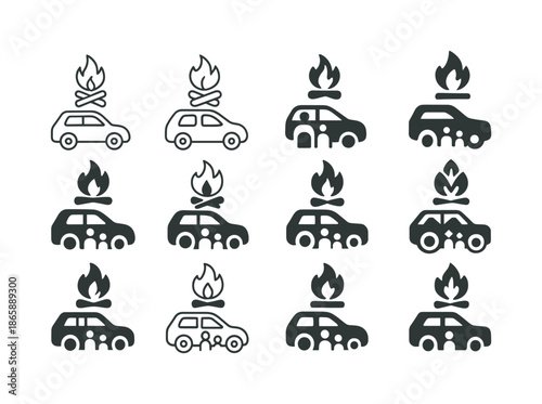 Family Road Trip Icons. Family road trips. Icon set. Set Logo of Family road trips: campfire. harmonious logo variations of the same emblematic concept, each