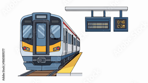 Modern train on platform with digital displays showing times