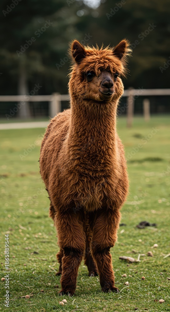 Naklejka premium A fluffy brown alpaca standing outdoors in a grassy field, showcasing its thick, valuable wool coat and calm disposition ,ranch ,livestock ,domestic