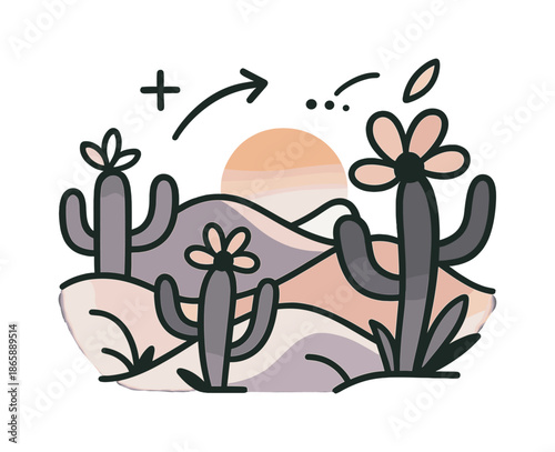 Desert Blooms. Desert bloom. Cacti, sand dunes, and sunrise gradients merge in an abstract desert scene. A balance of minimalism and organic vitality. Modern