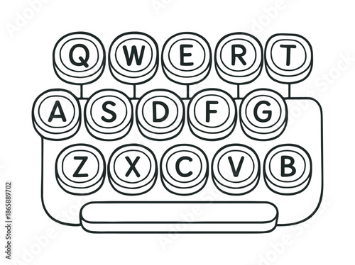 Typewriter Keys Coloring Page. Typewriter keys children?s coloring book illustration, outlined drawing, close-up of simple round keys with bold letters
