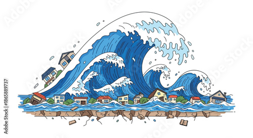 A dramatic pixel art depiction of a large wave threatening coastal buildings