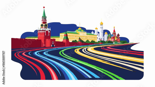 Moscow skyline with light trails creating a dynamic, colorful effect