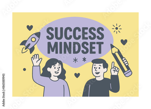 Success Mindset Banner. Success mindset banner, flat vector illustration, bold oversized text inside rounded blob, cartoon characters waving and pointing