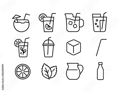 Summer Drink Icons. Summer drinks. Line icon set of Summer drinks: coconut drink, lemonade, iced tea, fruit punch, mojito glass, smoothie cup, ice cube, straw,