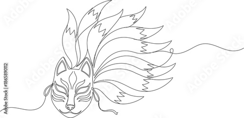 Elegant Kitsune Mask Drawing, Japanese Fox Spirit Line Art