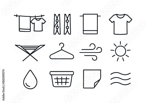Laundry Icon Set. Drying laundry. Line icon set of drying laundry: clothesline, clothespins, towel, shirt, drying rack, hanger, wind icon, sun rays, droplet