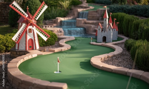 A miniature golf course with a windmill, castle, waterfall, and winding green path