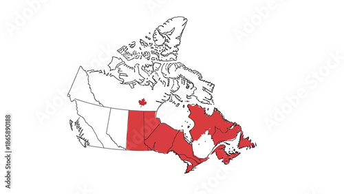 Political Map of Canada Highlighting Provinces in Red with Maple Leaf Symbol on an isolated white background.