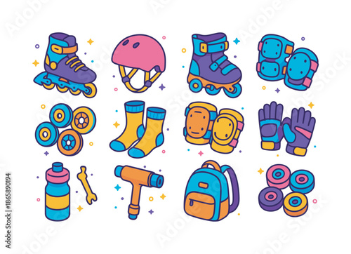 Colorful Skating Gear Icons. Inline skating gear. Colorful isometric vector icons set of inline skating gear: rollerblades, helmet, wrist guards, elbow pads,
