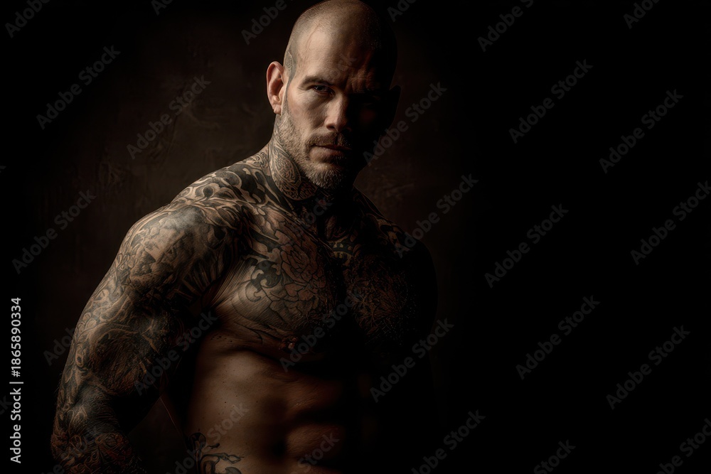 Fototapeta premium Athletic male with bold ink on bare torso under dramatic studio lighting