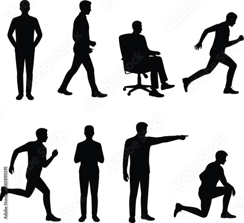 Business, man, silhouette, walking, standing, sitting, running, pointing, kneeling, people, actions, collection, activity, posture, gesture, office, fitness, lifestyle, vector, illustration