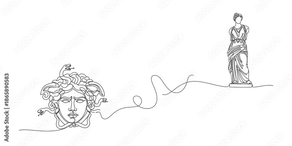 Fototapeta premium Medusa Sculpture Line Art, Ancient Greece Statue Drawing
