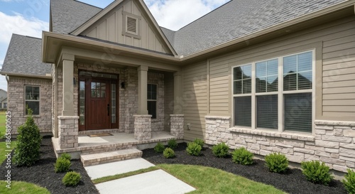A modern home features a welcoming entrance with stone accents, windows, and lush landscaping