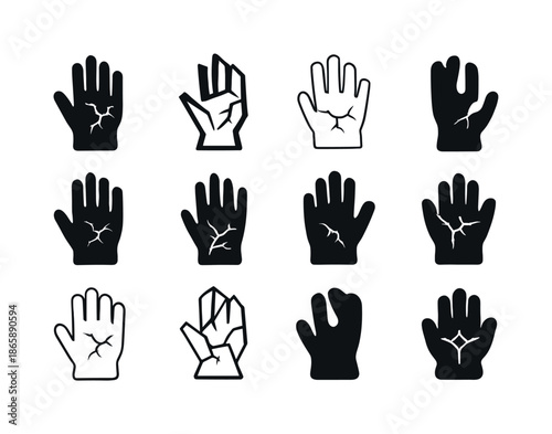 Worn Gloves Icons. Worn gloves. Icon set. Set Logo of worn gloves: cracked rubber glove. harmonious logo variations of the same emblematic concept, each with