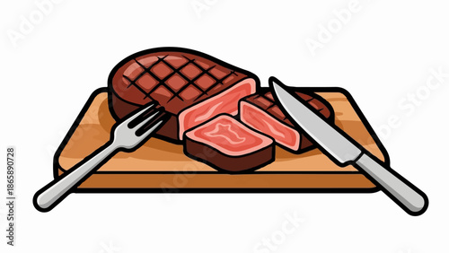 Grilled steak slices on a cutting board with fork and knife
