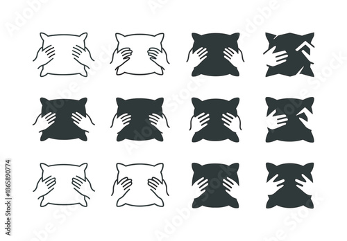 Pillow Icon Variations. Fluffing Pillows. Icon set. Set Logo of Fluffing Pillows: decorative pillow with tassels. harmonious logo variations of the same