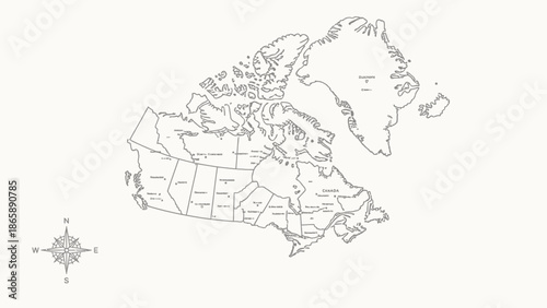 Canada map outline with province borders and compass rose, detailed vector illustration in bright studio background