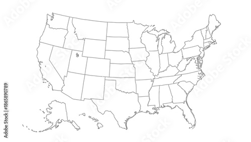 United States of America map outline with state borders and city markers, detailed vector illustration on isolated white background