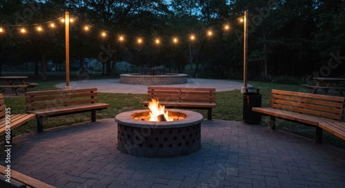 A nighttime scene of a brick patio with a lit fire pit, benches, and string lights