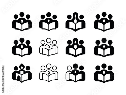 Book Club Emblems. A group of friends discussing a book in a book club meeting. Icon set. Set Logo of a group of friends discussing a book in a book club