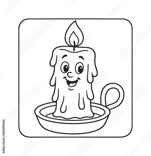 Cheerful Candle Coloring. Melting candle children?s coloring book illustration, outlined drawing, a cheerful candle dripping soft wax onto a simple holder,