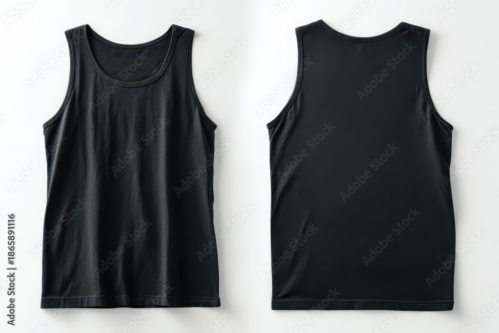 Fototapeta premium Black tank top with front and back views on a white background — clean, minimal product photography
