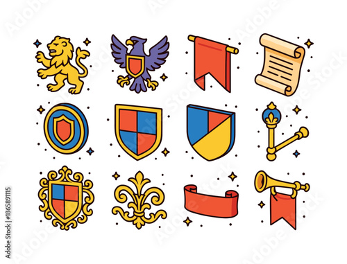 Baronial Heraldry Icons. Baron?s Heraldry. Colorful isometric vector icons set of Baron?s Heraldry: lion emblem, eagle crest, red banner, scroll of lineage,