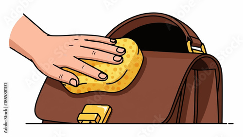 Hand cleaning a brown briefcase with a yellow sponge