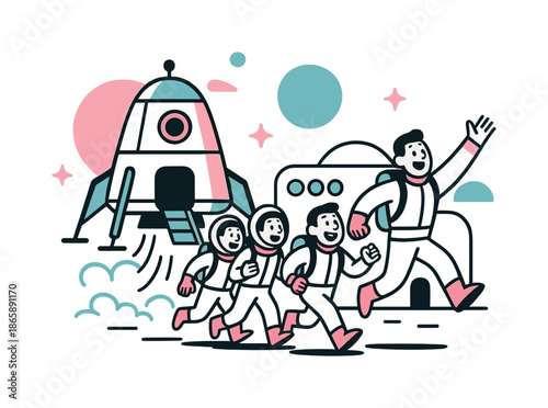 Moonbase Tourist Landing. Moonbase arrival. A lander touches down on a minimalist moon hub while tourists exit with excited expressions; soft dust swirls