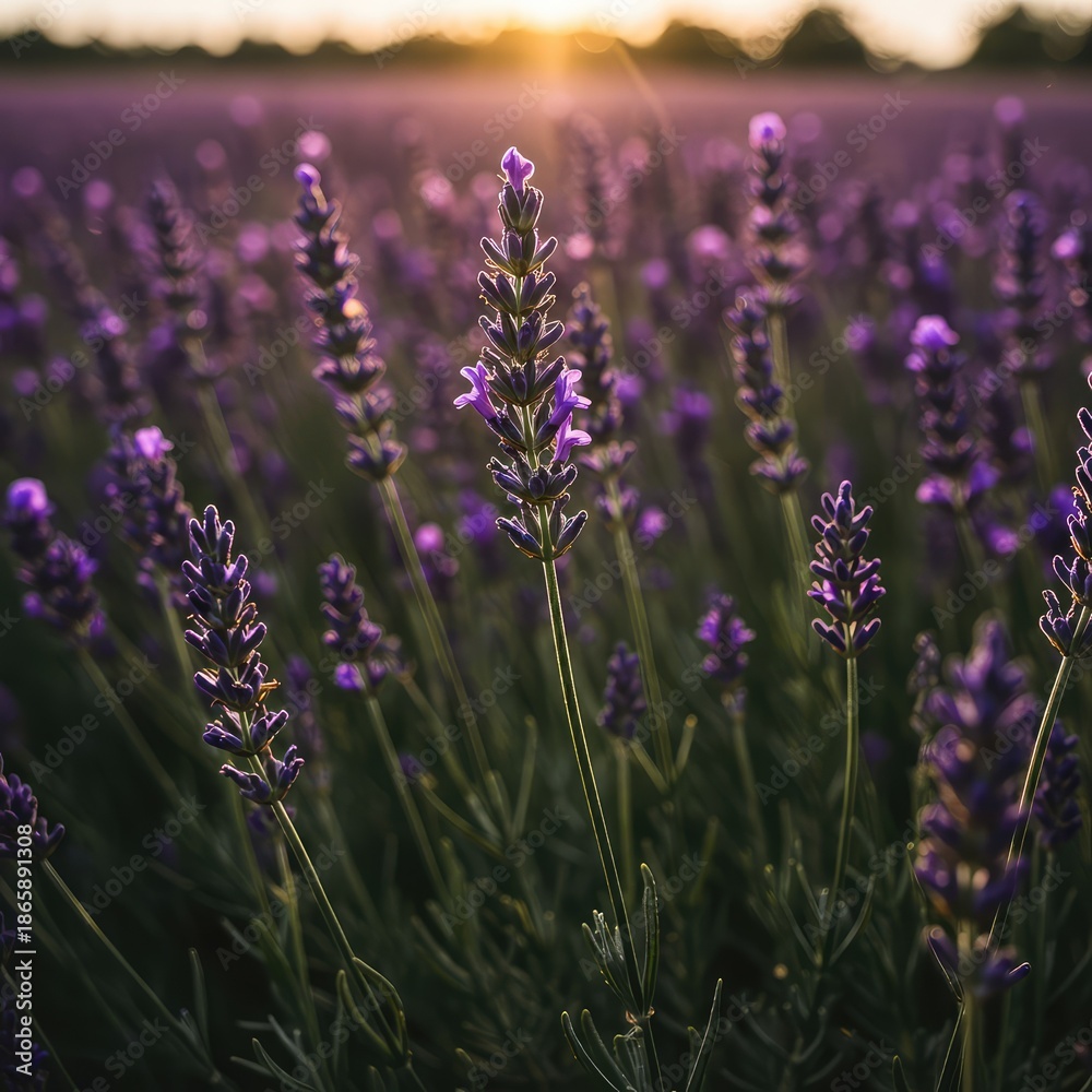 Obraz premium Beautiful purple flower spikes of lavender bathed in golden summer light, suggesting calm relaxation and natural fragrance ,herb ,medicinal ,scent