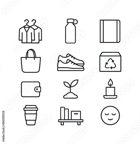 Minimal Lifestyle Icons. Minimal Lifestyle. Line icon set of Minimal Lifestyle: capsule wardrobe, reusable bottle, planner, simple bag, clean shoes, declutter