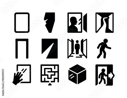 Maze of Mirrors. Wandering through a maze of mirrors. Solid icon set of Wandering through a maze of mirrors: mirror panel, broken mirror shard, reflection