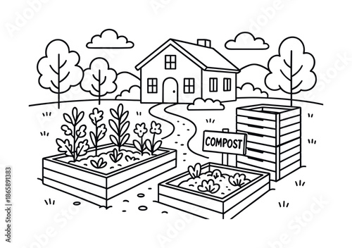 Garden Coloring Page. Nature retreat garden children?s coloring book illustration, outlined drawing, a simple resort garden with raised beds and compost bins,