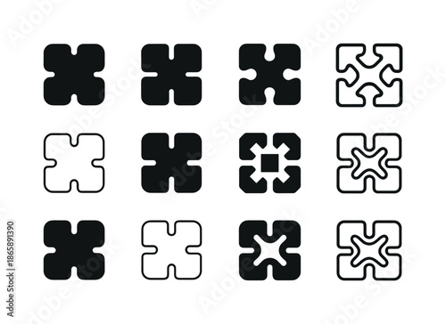 3D Art Icon Set. 3D-printed objects in art and design. Icon set. Set Logo of 3D-printed objects in art and design: modular sculpture tile. harmonious logo