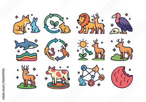Isometric Food Chain Icons. Food Chain. Colorful isometric vector icons set of Food Chain: predator-prey pair, ecosystem loop, hunting arrows, scavenger icon,