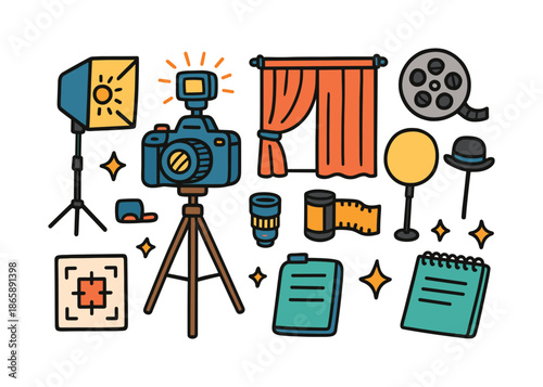 Classic Photo Shoot Icons. Classic photo shoot. Colorful Hand-drawn doodle Children illustration Classic photo shoot camera, flash stand, reflector, backdrop