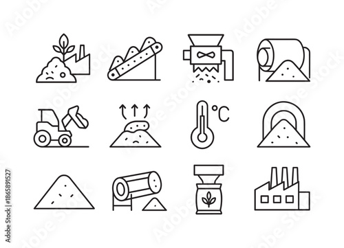 Industrial Composting Icons. Composting ? Industrial Composting. Line icon set of Composting ? Industrial Composting: compost plant, conveyor belt, shredding