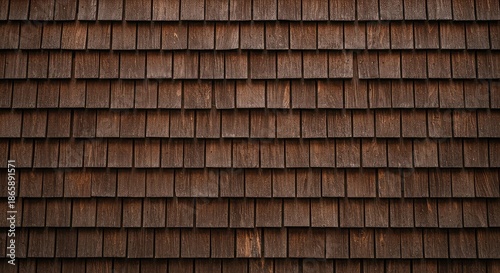 Close-up texture shot of weathered brown wooden shingles covering the side wall of an outdoor residential porch structure, providing rustic protection ,wall ,protection ,home