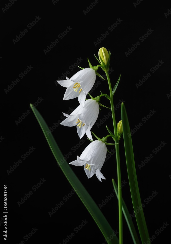 Fototapeta premium Delicate white bell-shaped flowers bloom in the spring, symbolizing purity and renewal. Their petals are fragile and show intricate detail ,tranquil ,plant ,serene