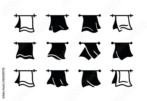 Towel Icon Variations. Hanging a towel to dry. Icon set. Set Logo of hanging a towel to dry: towel blowing in breeze. harmonious logo variations of the same