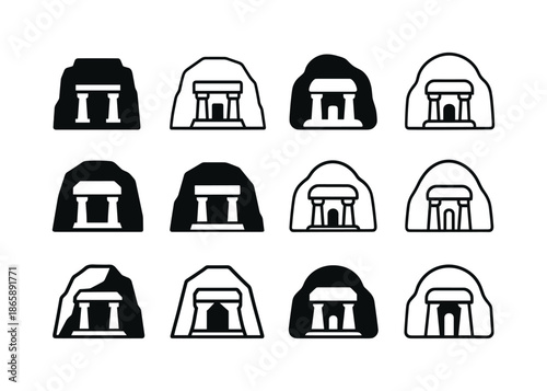 Monolithic Building Logos. Monolithic building. Icon set. Set Logo of monolithic building: carved rock temple. harmonious logo variations of the same