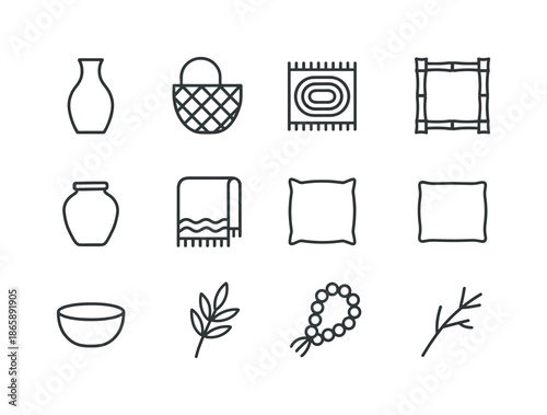 Natural Materials Icons. Natural materials decor. Line icon set of natural materials decor: wood vase, woven basket, jute rug, bamboo frame, ceramic pot,