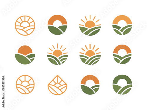Countryside Sunrise Logos. May morning in the countryside. Icon set. Set Logo of May morning in the countryside: sunrise over rolling hills. harmonious logo
