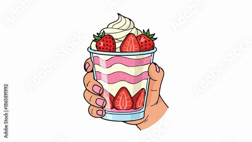 Hand holding a layered strawberry dessert with whipped cream