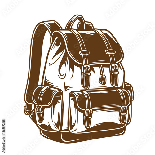 brown leather backpack with straps and buckles on white background  travel bag