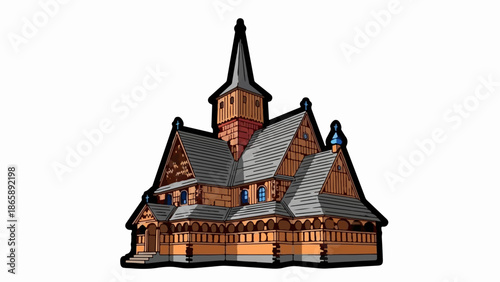 Ornate wooden church with steep roofs and a tall central spire