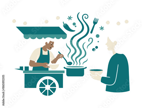 Night Street Food. Street food vendors. Vendor serving steaming food from a cart under string lights; aroma lines swirling into the night air. Floating icons